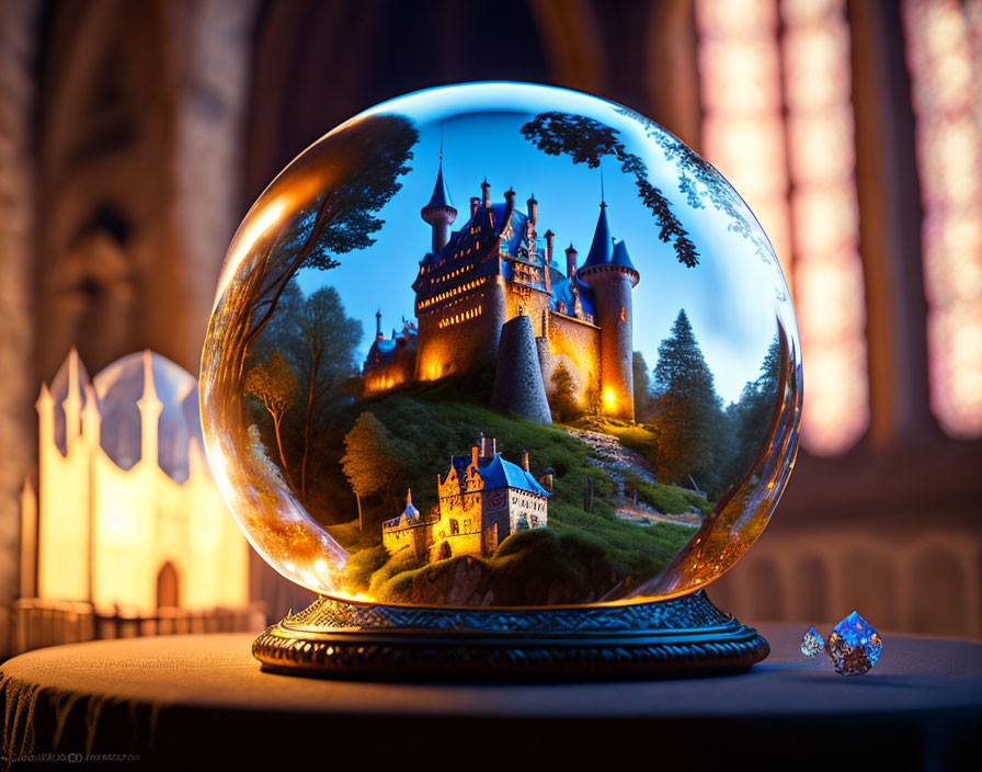 Crystal ball on stand shows vivid castle scene with echoed architecture in softly lit background