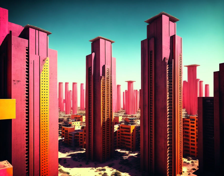 Tall red monolithic buildings in futuristic cityscape under pink sky