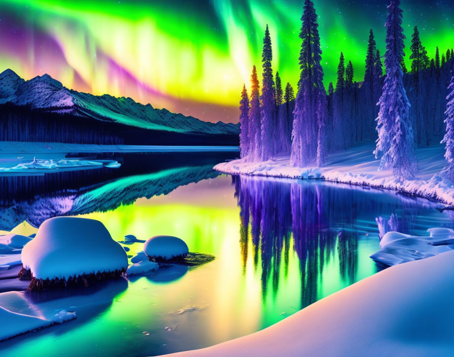 Northern lights illuminate snowy landscape with river, trees, and starry sky