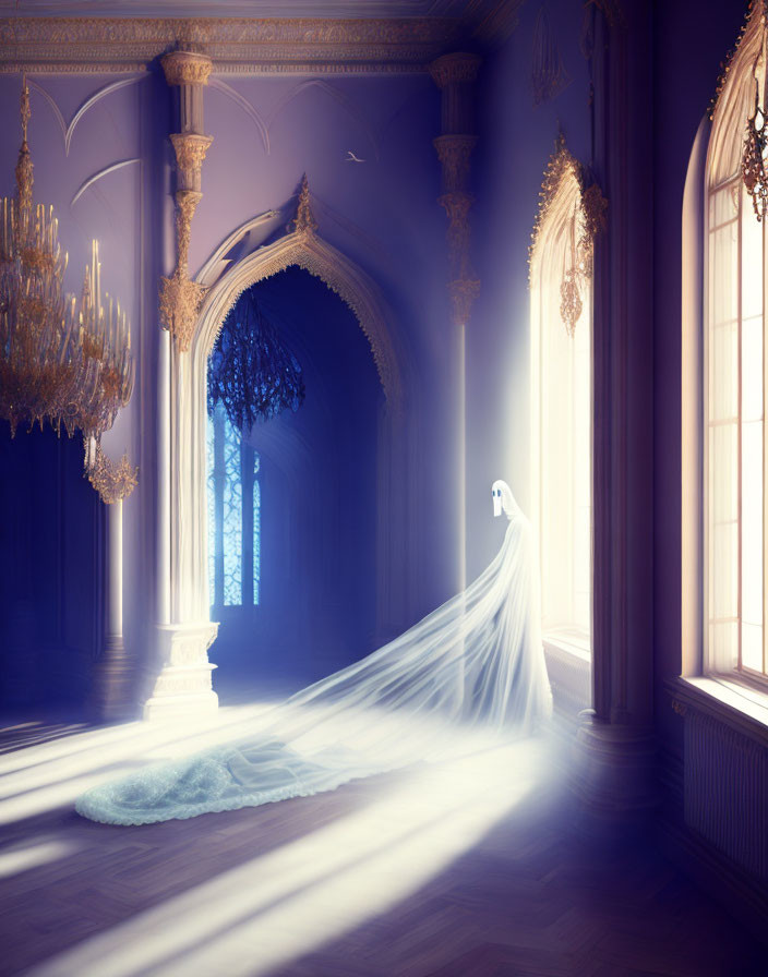 Ethereal white figure in ornate room with golden columns.