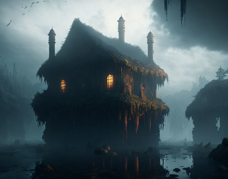 Desolate house engulfed in vines in misty swamp setting