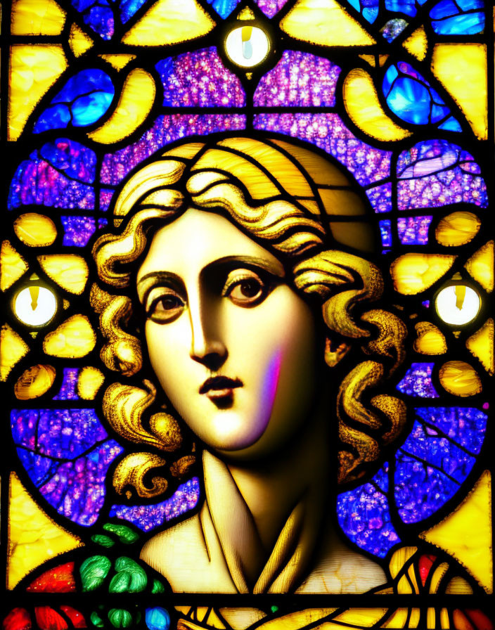 Stained Glass Window Close-Up: Woman with Halo, Blue and Yellow Patterns