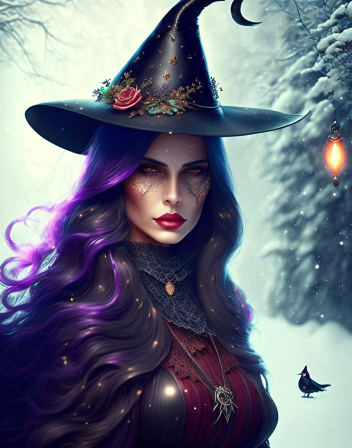 Mystical female figure with purple hair and witch's hat in snowfall with black bird