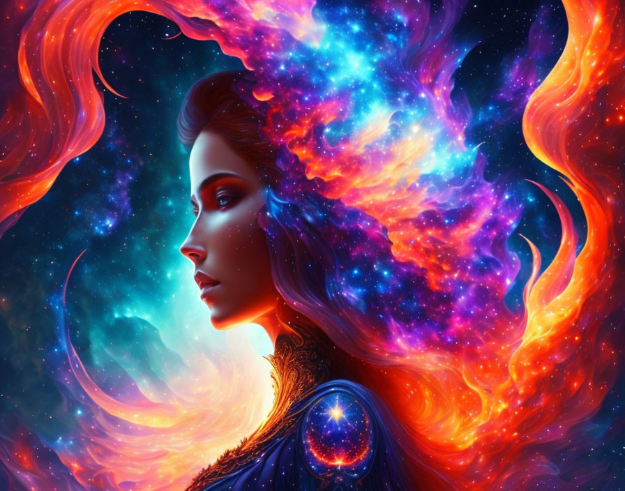 Cosmic-themed woman with vibrant nebula hair art