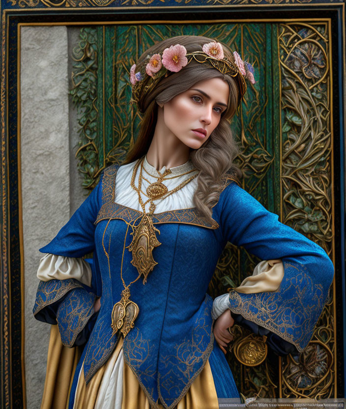 Medieval-style woman with flower crown in ornate setting