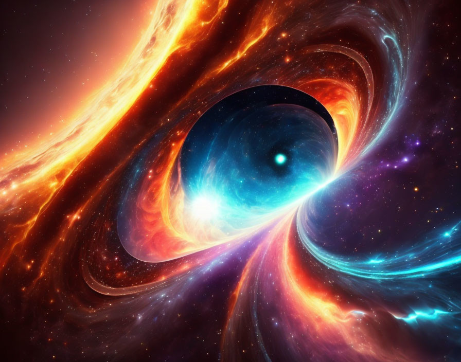 Digital artwork: Black hole with swirling orange and yellow accretion disks and blue-white stars