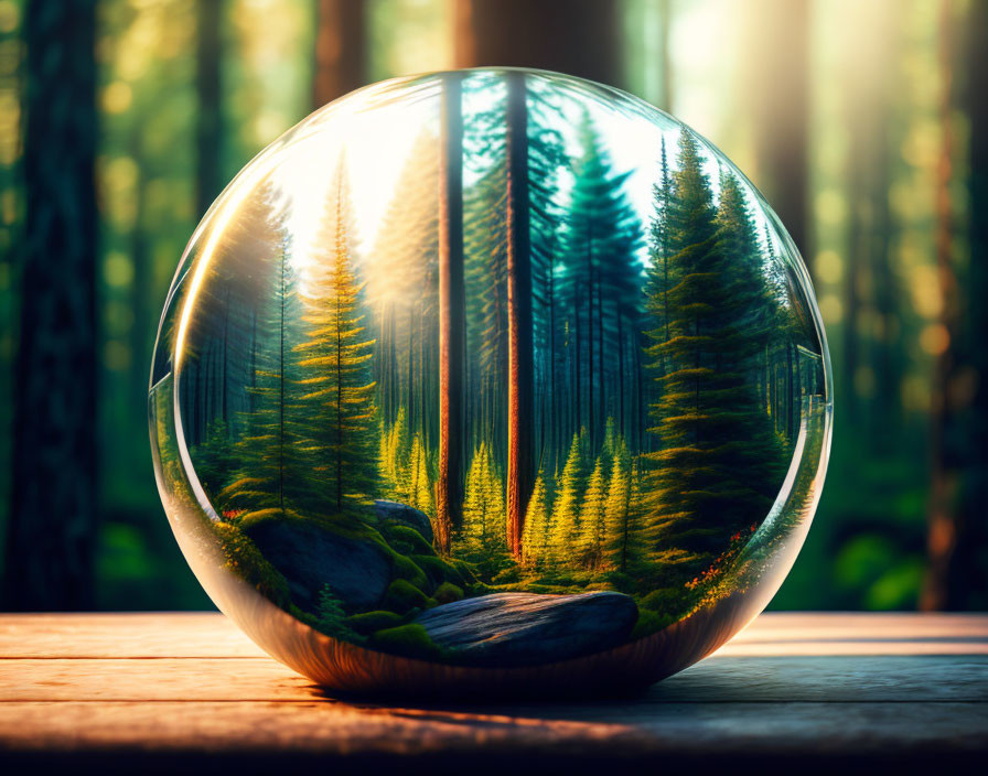 Crystal ball reflecting lush forest on wooden surface