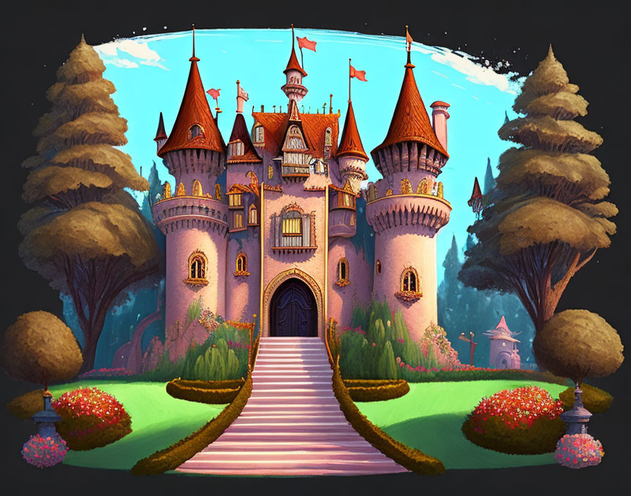 Fantasy castle with turrets and flags in landscaped gardens at twilight