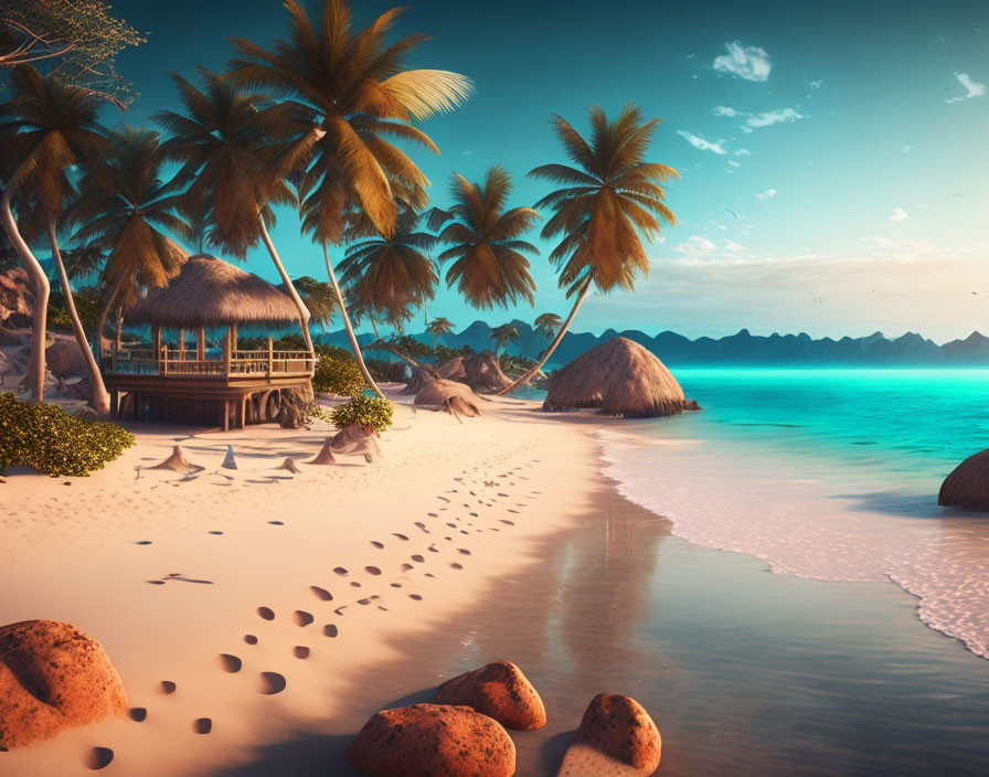 Tranquil beach sunset with thatched hut, palm trees, footprints, turquoise waters, mountains