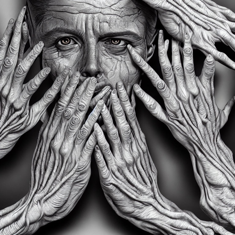 Monochromatic image of person's face obscured by textured hands