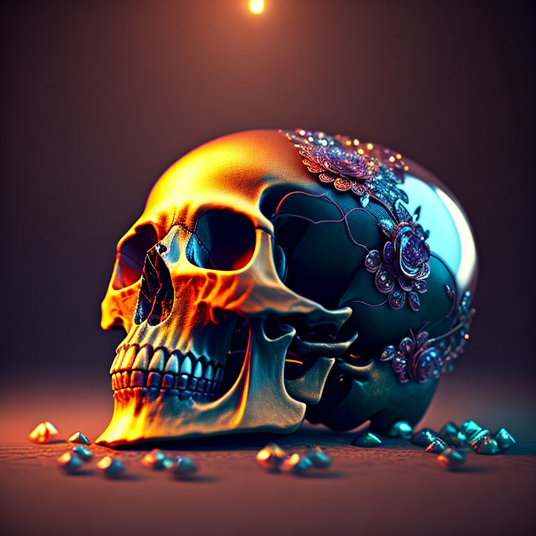 Decorated Skull with Floral Patterns and Glowing Orange Eye Socket