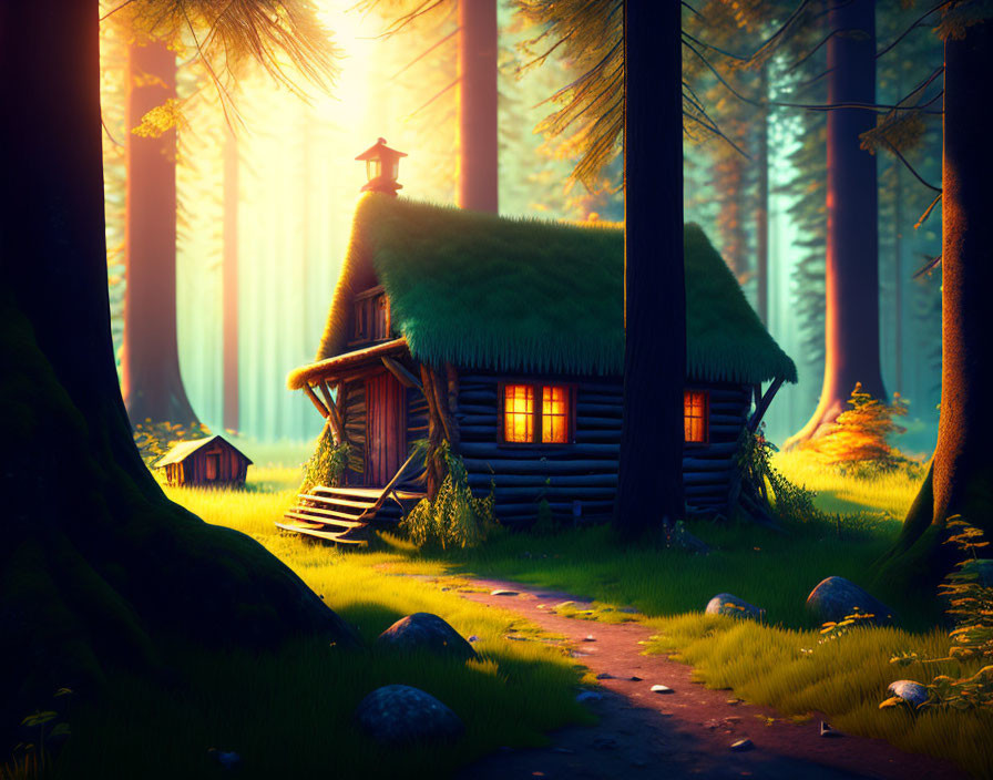 Rustic wooden cabin with thatched roof in serene forest at sunset