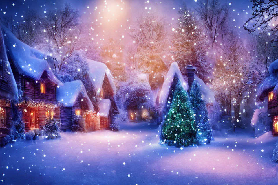 Snow-covered cottages and Christmas tree in magical winter village scene