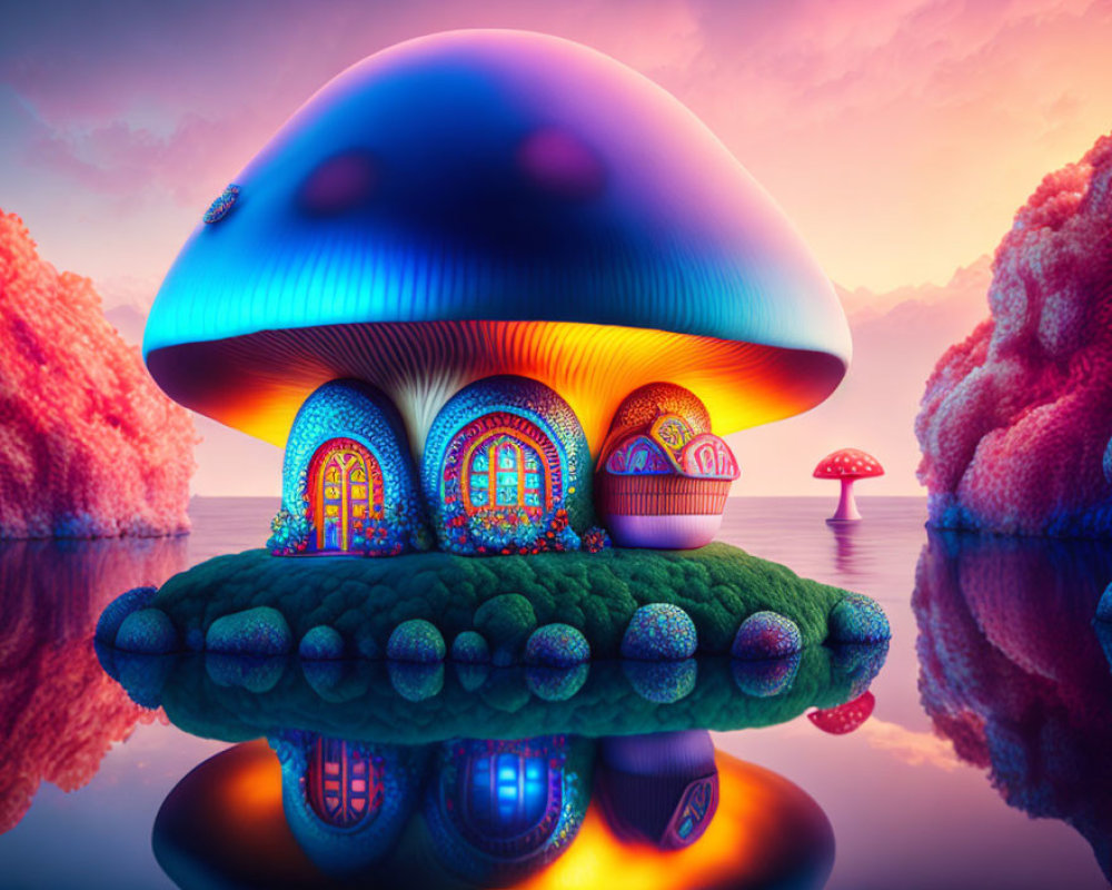 Colorful Mushroom House on Green Island Reflecting in Calm Water