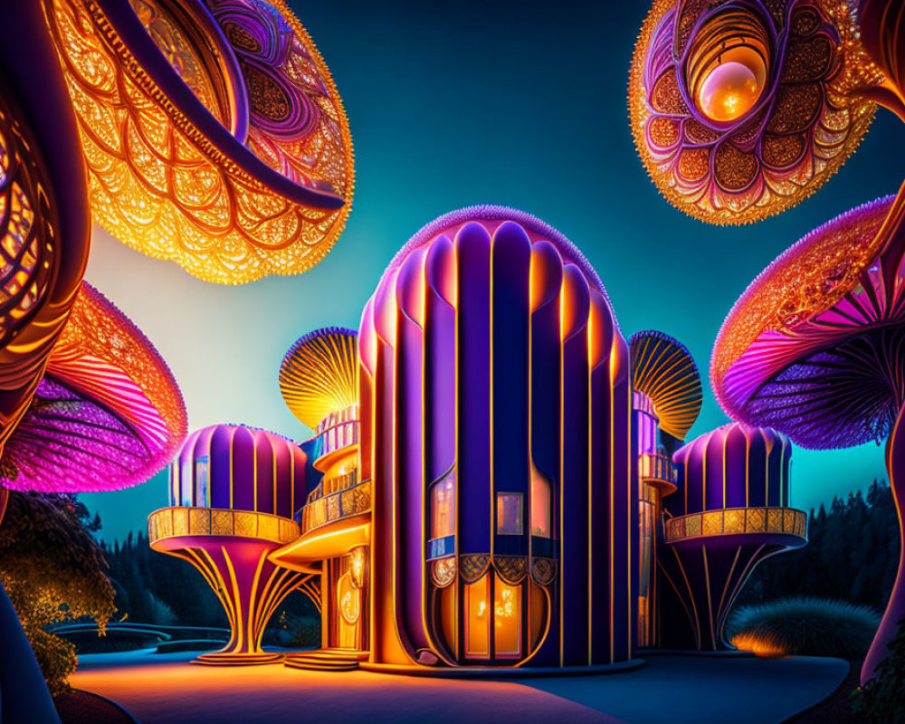 Futuristic buildings with ornate designs in twilight setting