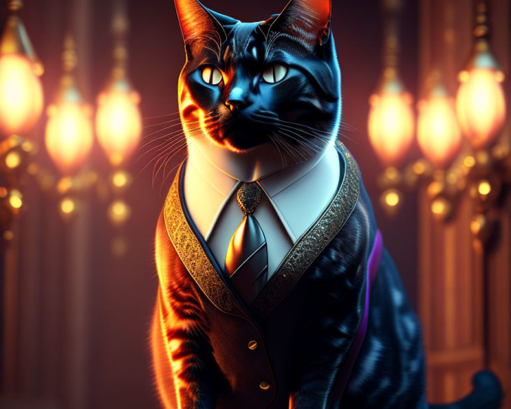 Digital artwork: Cat in formal suit with glowing lantern backdrop