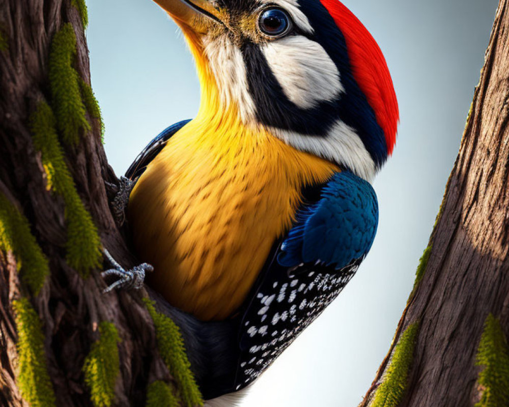 Vibrant woodpecker with red cap and yellow underparts behind mossy tree trunk