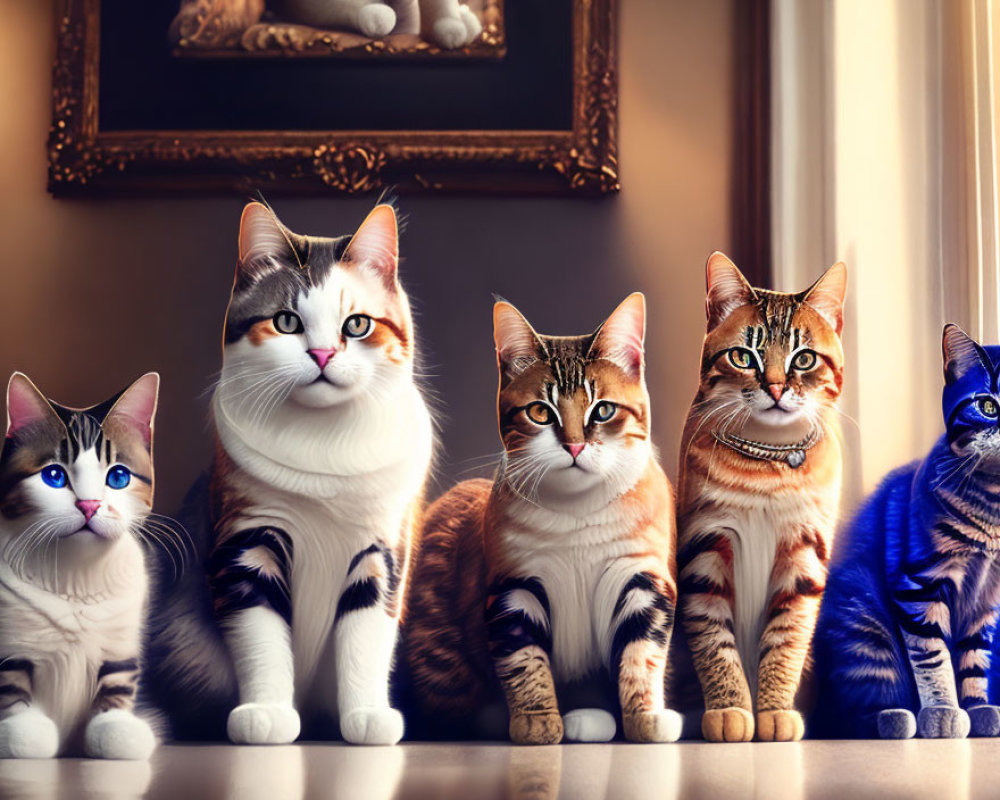 Five Cats with Oversized Human-Like Eyes Sitting by Window