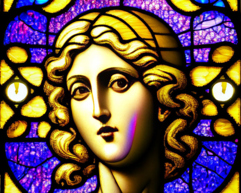 Stained Glass Window Close-Up: Woman with Halo, Blue and Yellow Patterns