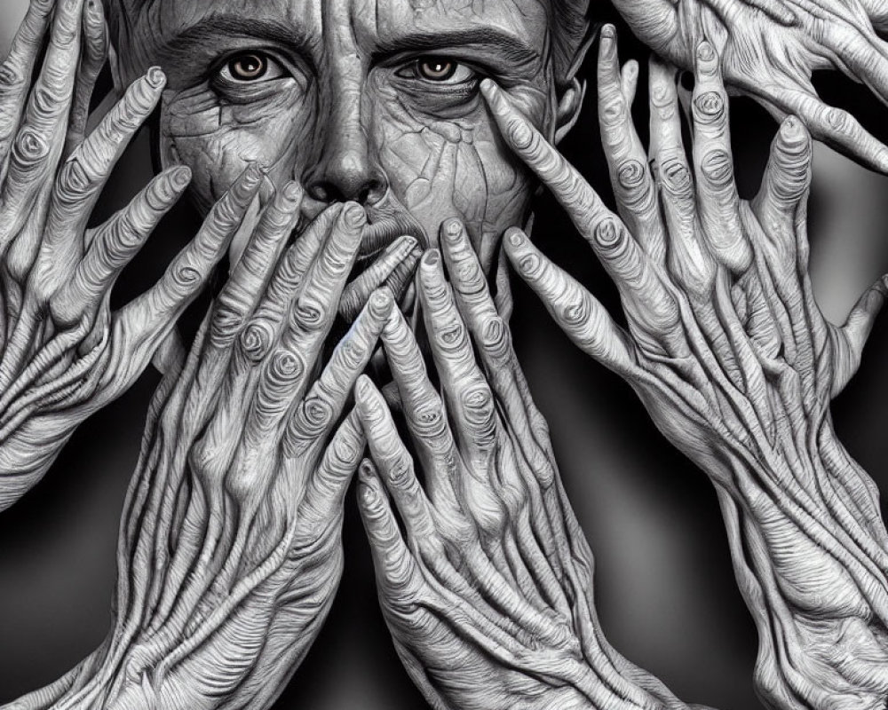 Monochromatic image of person's face obscured by textured hands