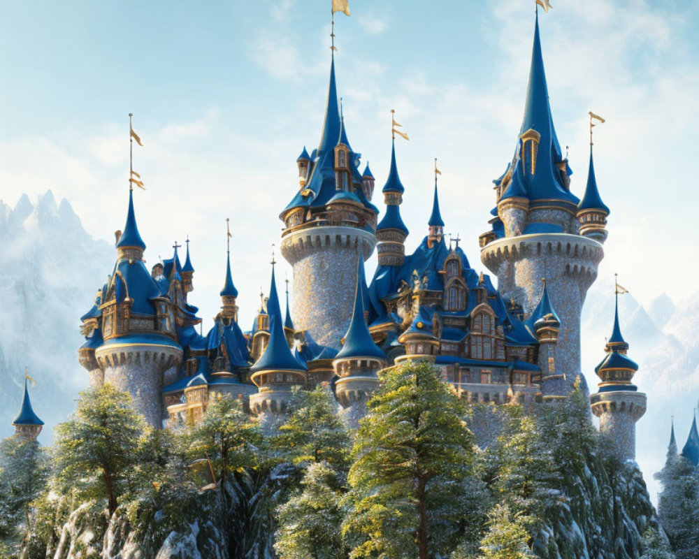 Majestic fairy-tale castle with blue spires in snow-covered landscape