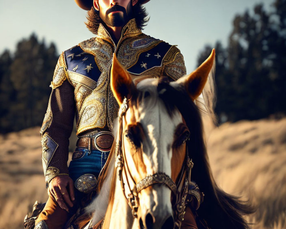 Cowboy on horseback with large hat and star-adorned vest in nature scene