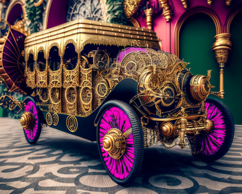 Vintage golden car with magenta wheels in luxurious room with patterned floors and arches