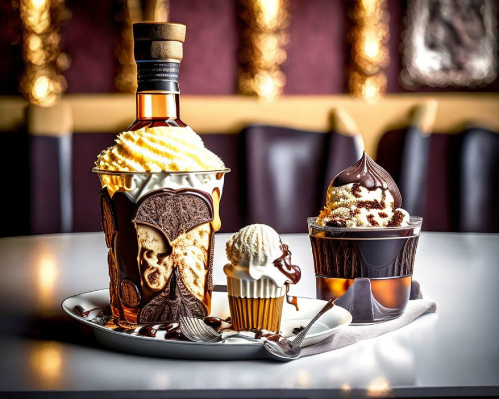 Assorted ice cream desserts with sundae, wafer cup, and cone on table