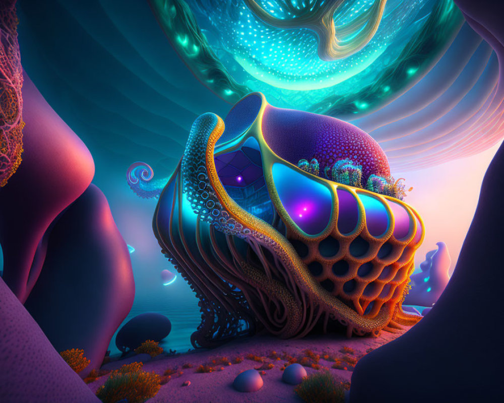 Fantastical shell-like structure in vibrant, surreal landscape