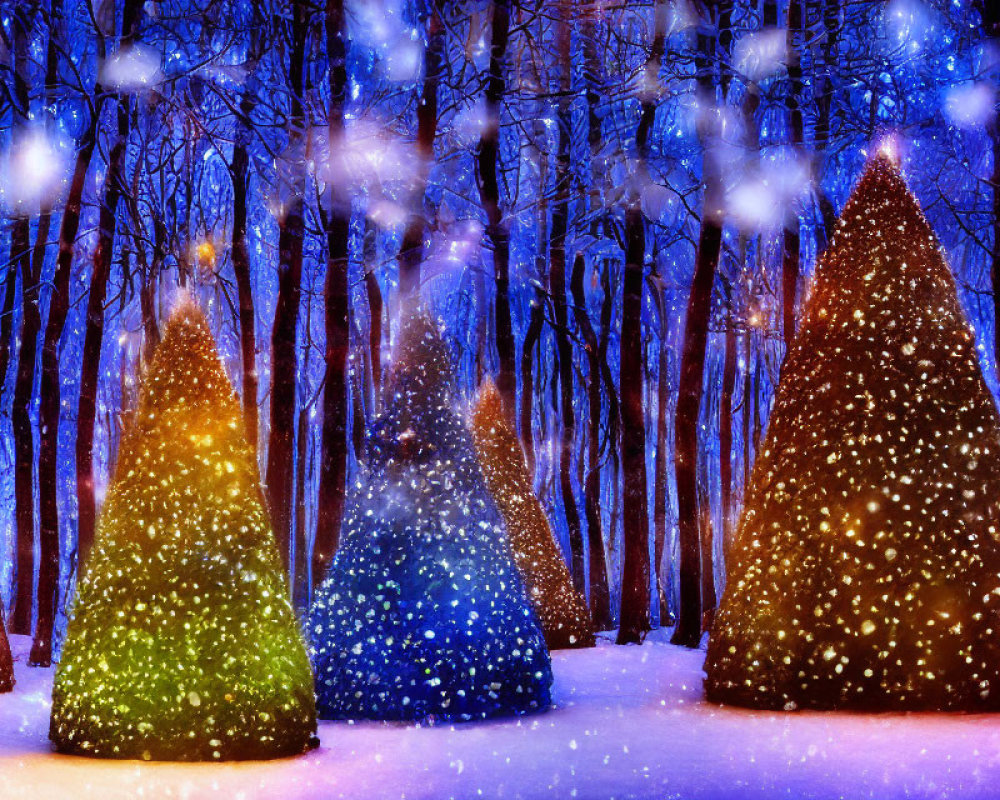 Snowy Forest Night Scene with Colorfully Lit Trees and Falling Snowflakes