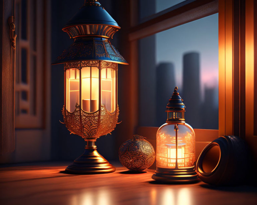 Traditional lanterns by window with city skyline at twilight