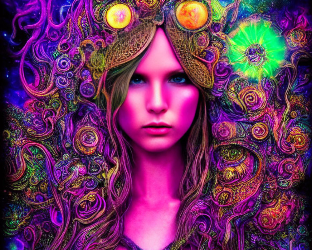 Colorful Swirl Patterns in Woman's Portrait with Glowing Eyes