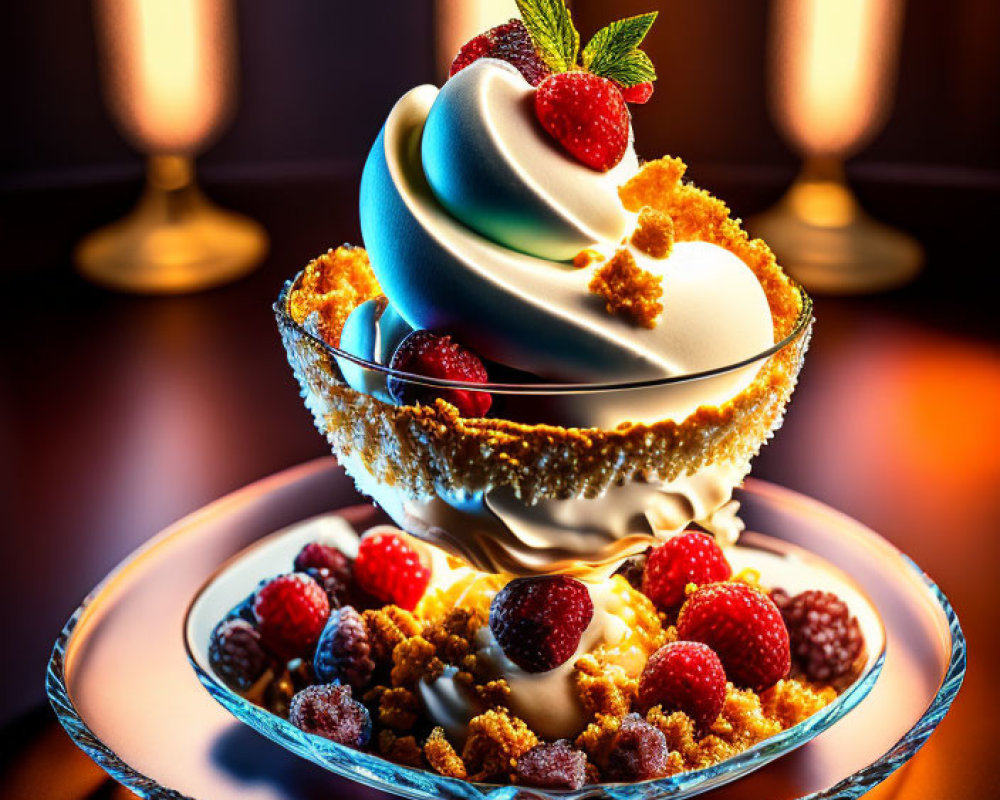 Swirled soft-serve ice cream with raspberries and mint on biscuit crumbs in glass dish