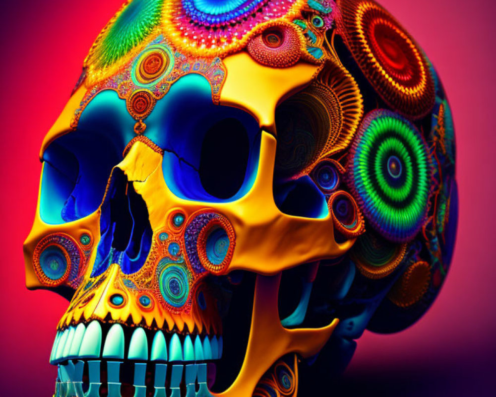 Colorful Psychedelic Human Skull on Red-Purple Gradient Background