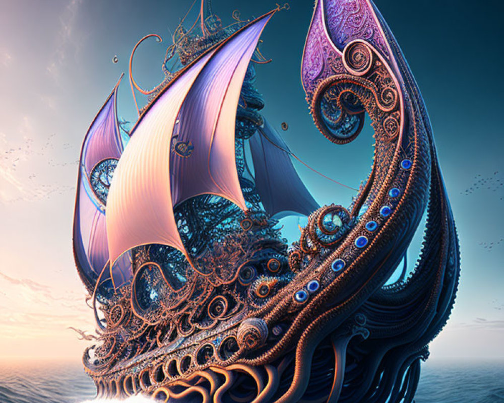 Fantastical ship with tentacle-like embellishments and purple sails on surreal ocean and pastel sky