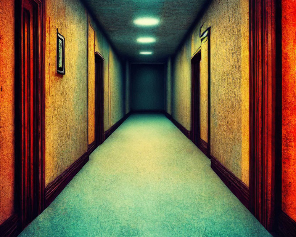 Vintage hallway with textured walls, dark wooden doors, framed pictures, and glowing lights