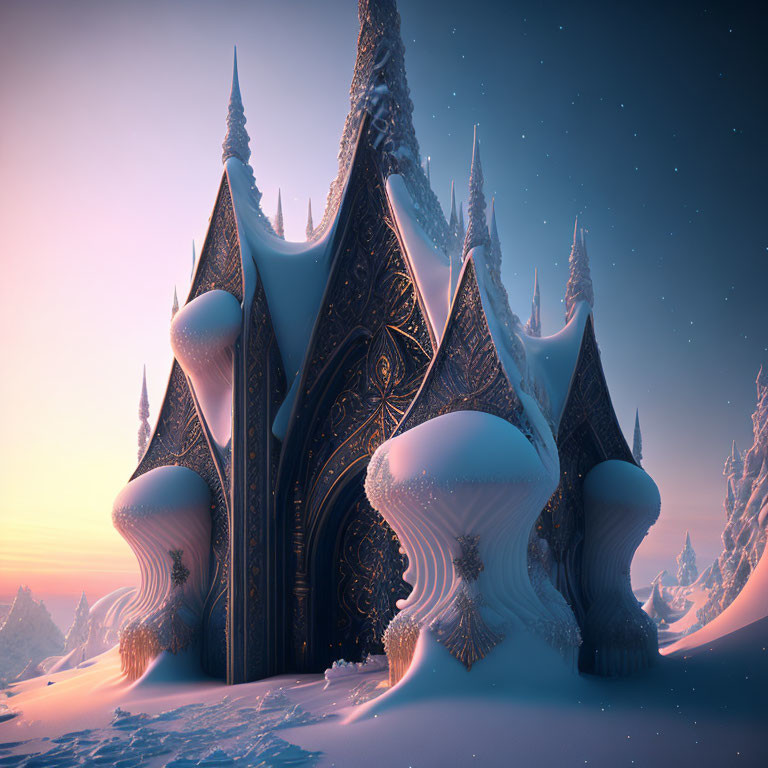 Snowy palace with towering spires in twilight sky