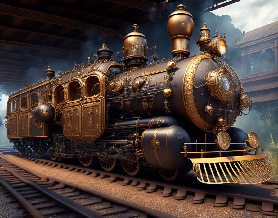 Vintage steam locomotive with intricate gold trim on tracks emitting steam