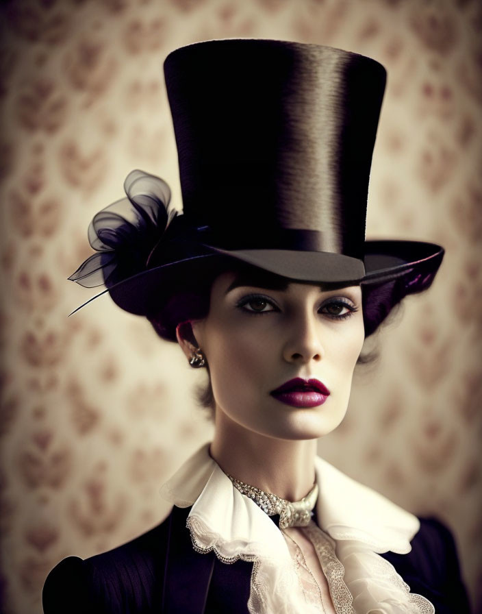 Woman in dramatic makeup, high-collared shirt, jacket, and feathered top hat.