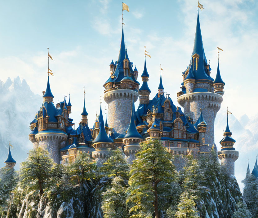 Majestic fairy-tale castle with blue spires in snow-covered landscape