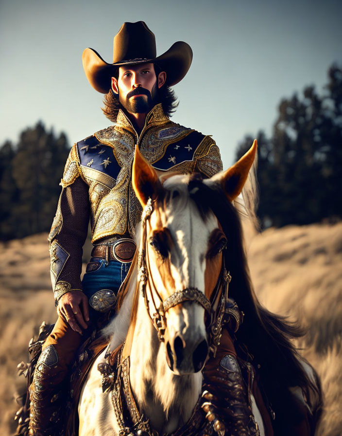 Cowboy on horseback with large hat and star-adorned vest in nature scene