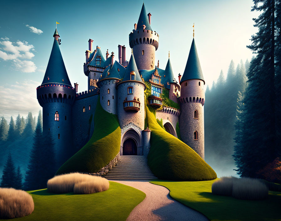 Whimsical castle with spires and stone path in lush forest