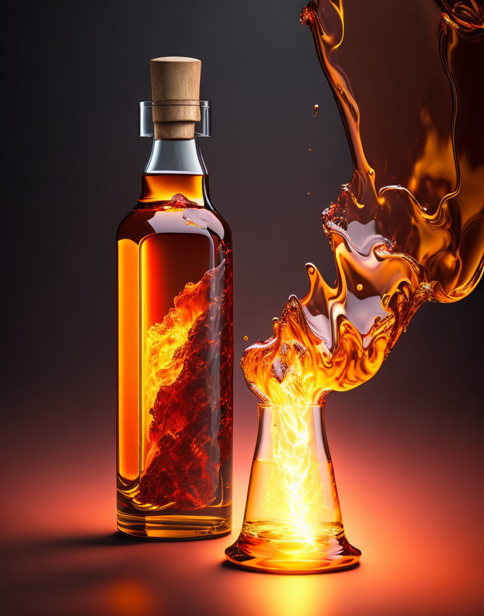 Bottle and glass with fiery liquid splash on orange background