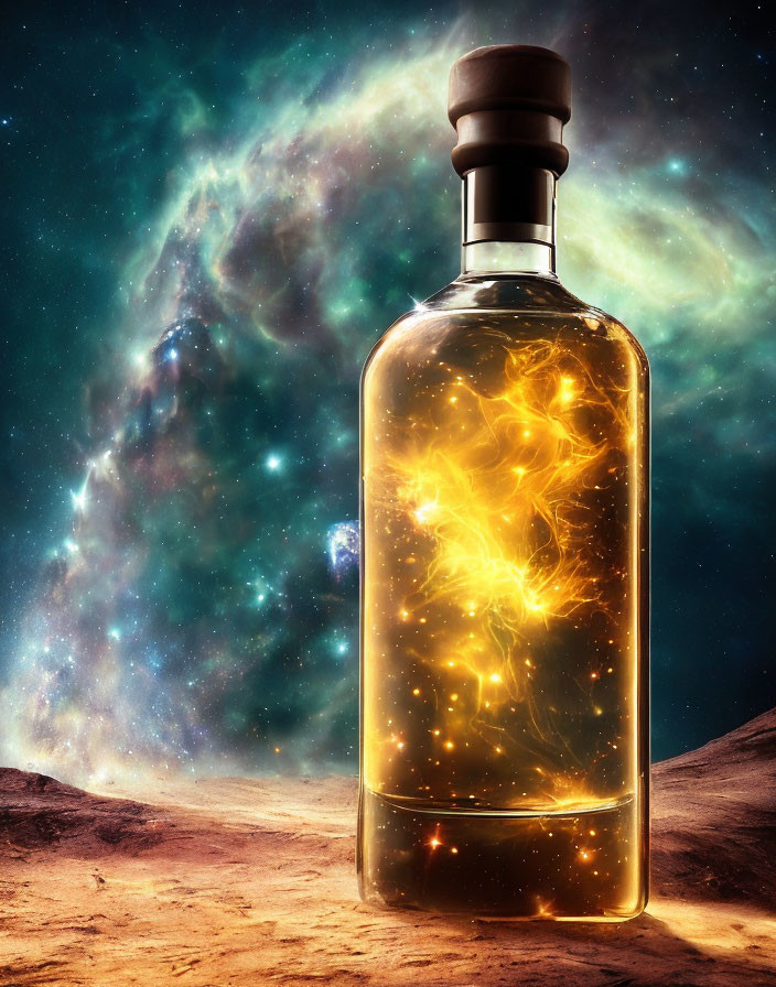 Glowing nebula substance in glass bottle on cosmic backdrop