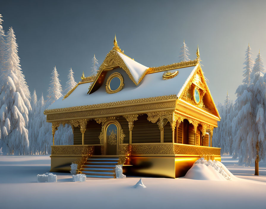 Intricate Golden House in Snowy Landscape