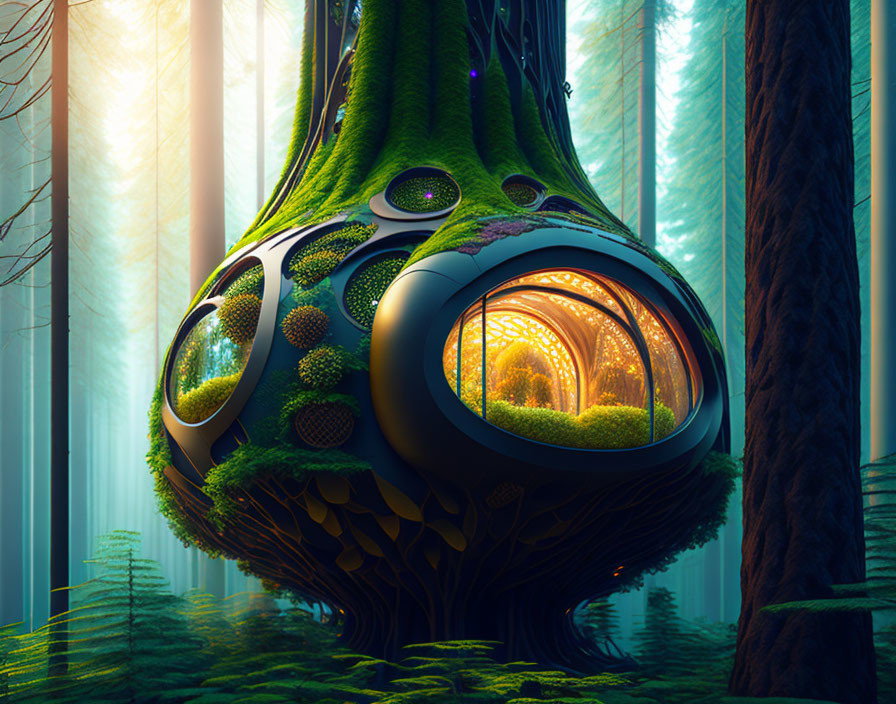 Fantastical Treehouse with Round Windows in Misty Forest