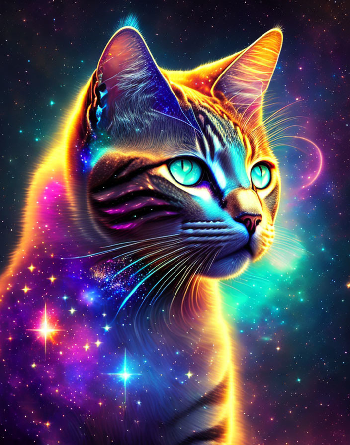 Colorful Cosmic Cat Artwork with Galaxy Pattern and Space Background