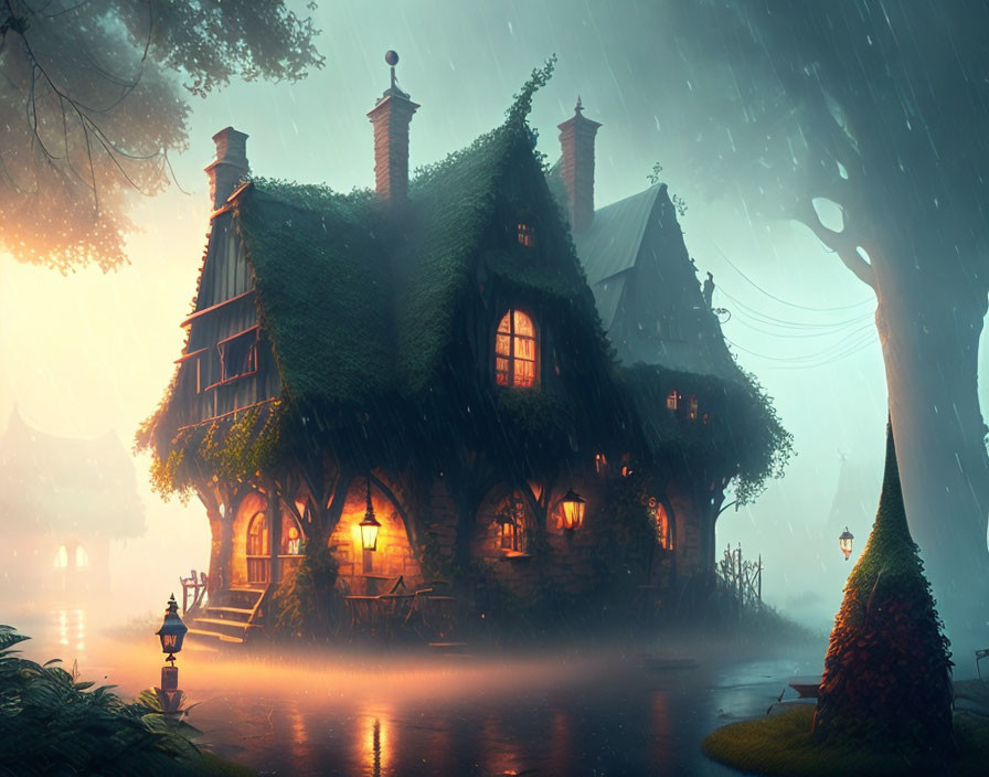 Ivy-covered cottage in serene rainy twilight