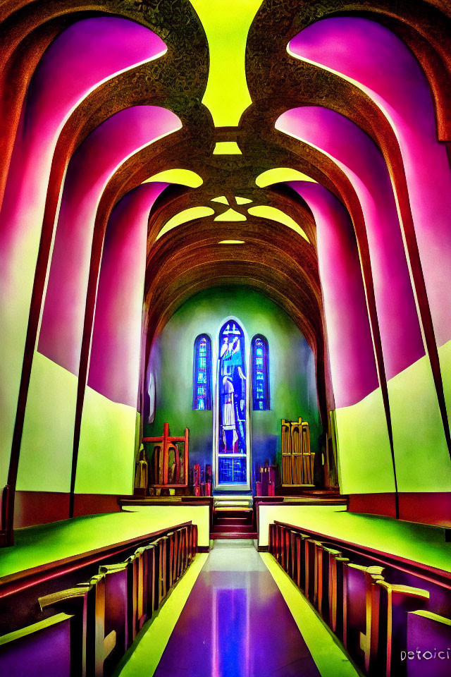 Neon-lit church interior with Gothic arches and stained glass window