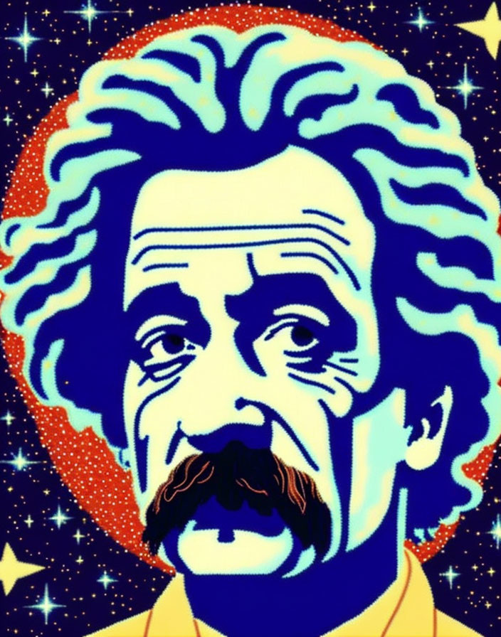 Stylized portrait of man with messy hair and moustache on starry blue and red background